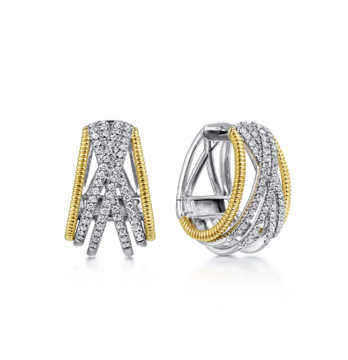 14K Yellow-White Gold Twisted Diamond Intricate Hoop Earrings