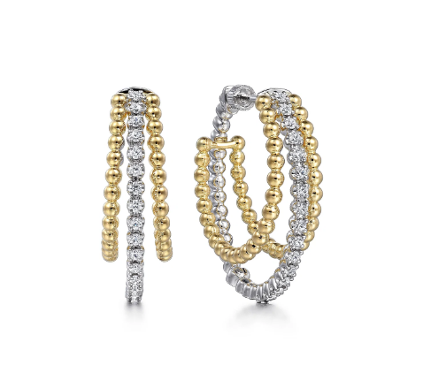 14K White-Yellow Gold Diamond Bujukan Intricate Hoop Earrings